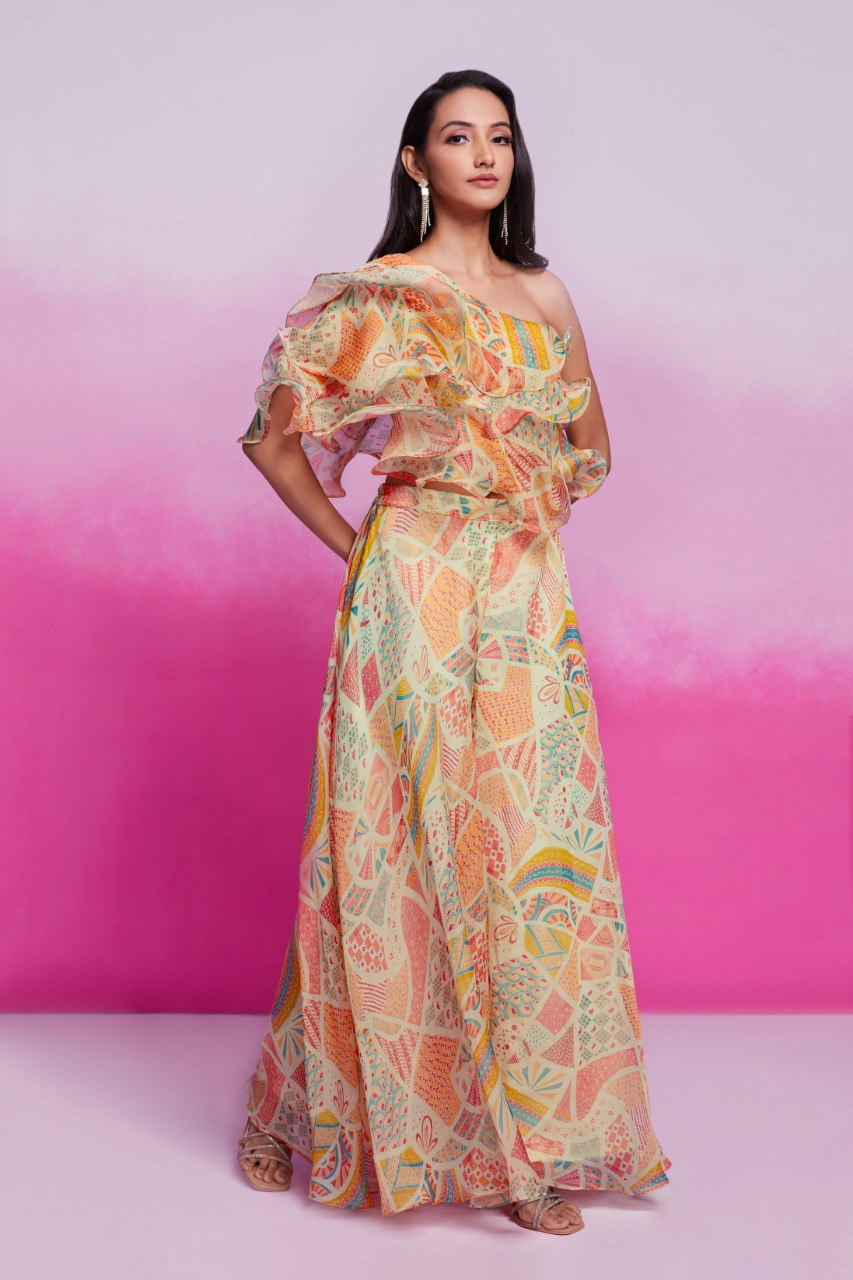 Chic Cream Organza Cape Plazzo Set | RoopRivaaj