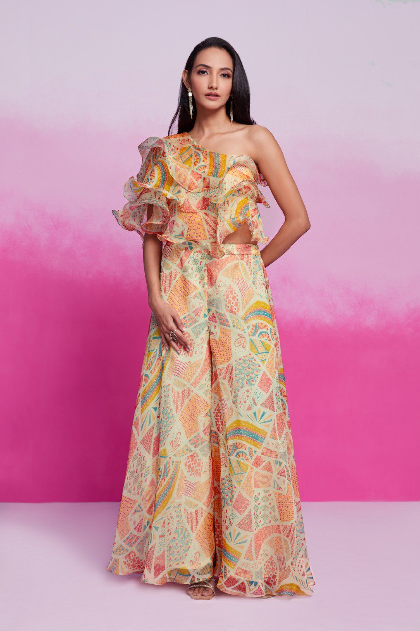 Chic Cream Organza Cape Plazzo Set | RoopRivaaj