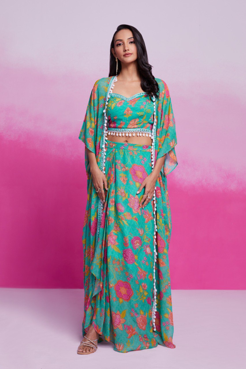 Turquoise Georgette Jacket Co-Ord Set | RoopRivaaj