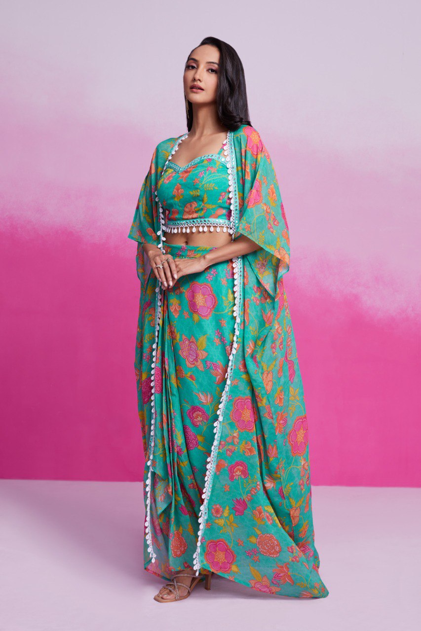 Turquoise Georgette Jacket Co-Ord Set | RoopRivaaj