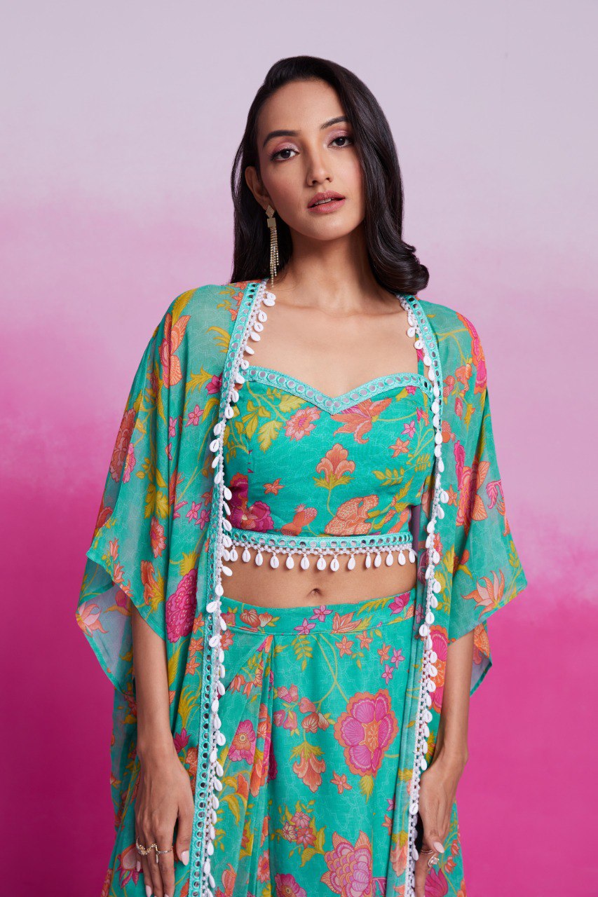 Turquoise Georgette Jacket Co-Ord Set | RoopRivaaj
