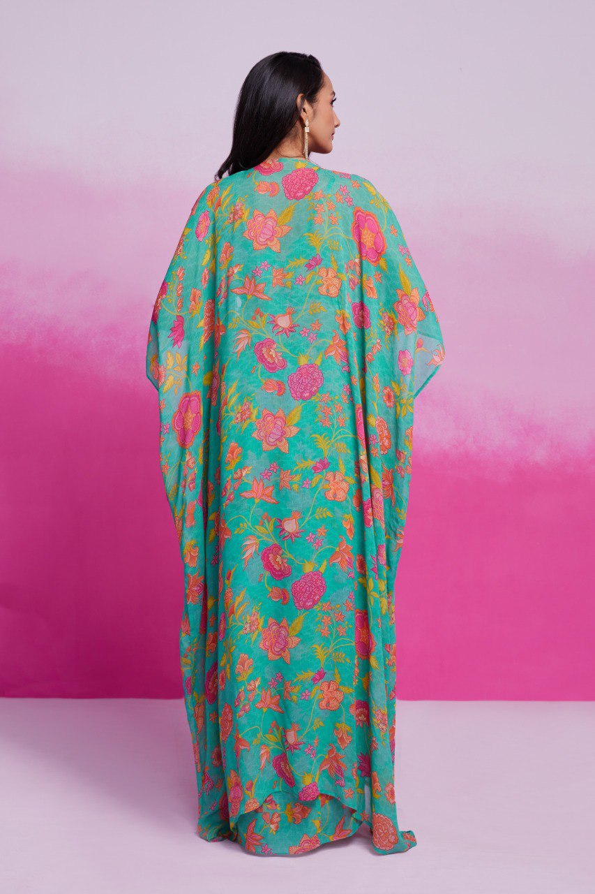 Turquoise Georgette Jacket Co-Ord Set | RoopRivaaj