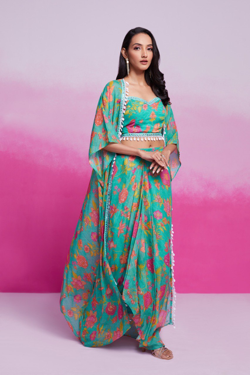 Turquoise Georgette Jacket Co-Ord Set | RoopRivaaj