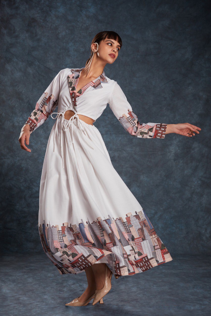 White Printed Linen Maxi Gown | RoopRivaaj