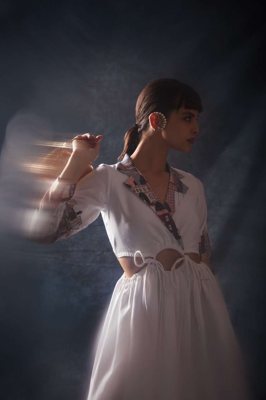 White Printed Linen Maxi Gown | RoopRivaaj
