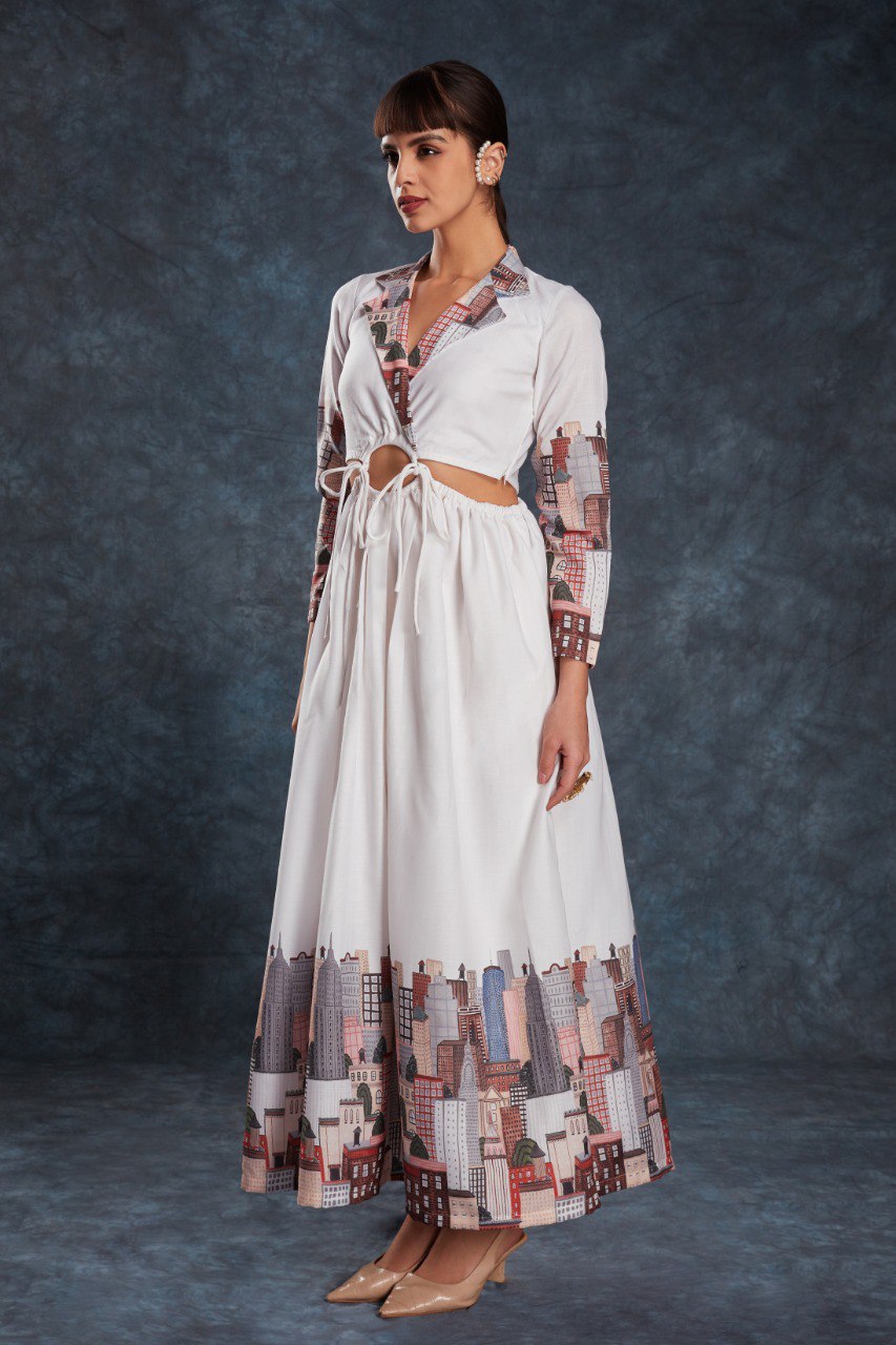 White Printed Linen Maxi Gown | RoopRivaaj