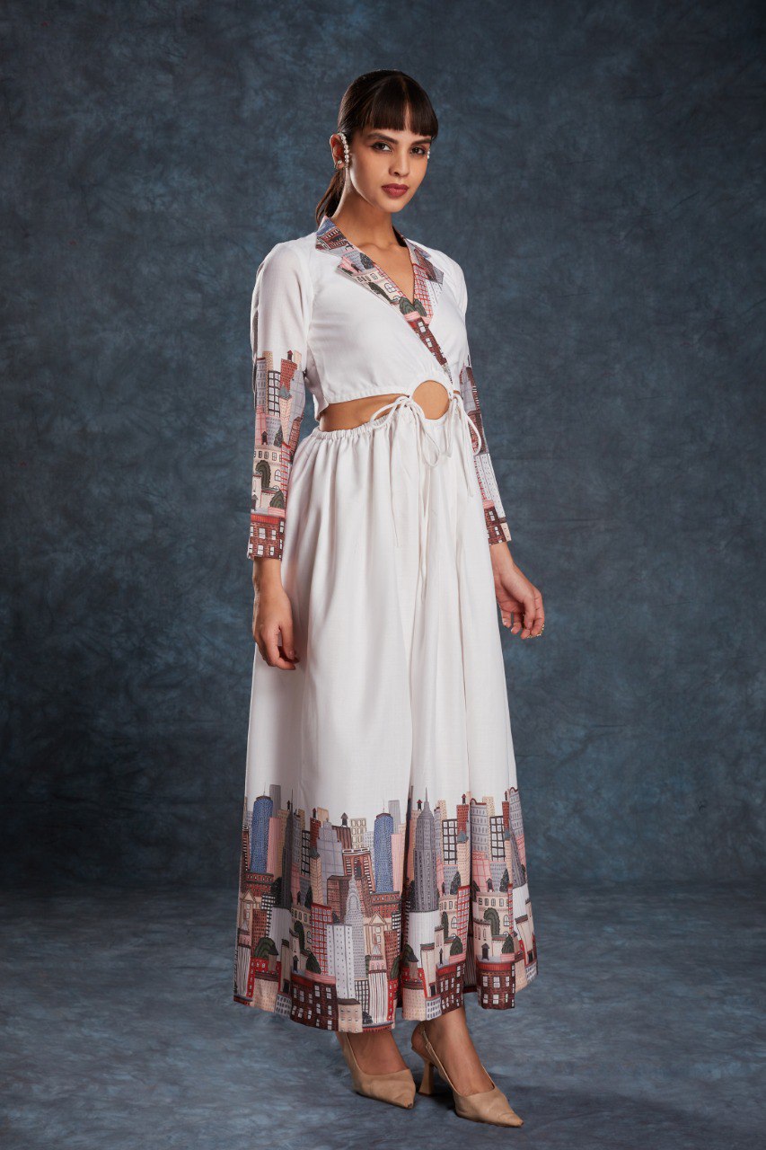 White Printed Linen Maxi Gown | RoopRivaaj