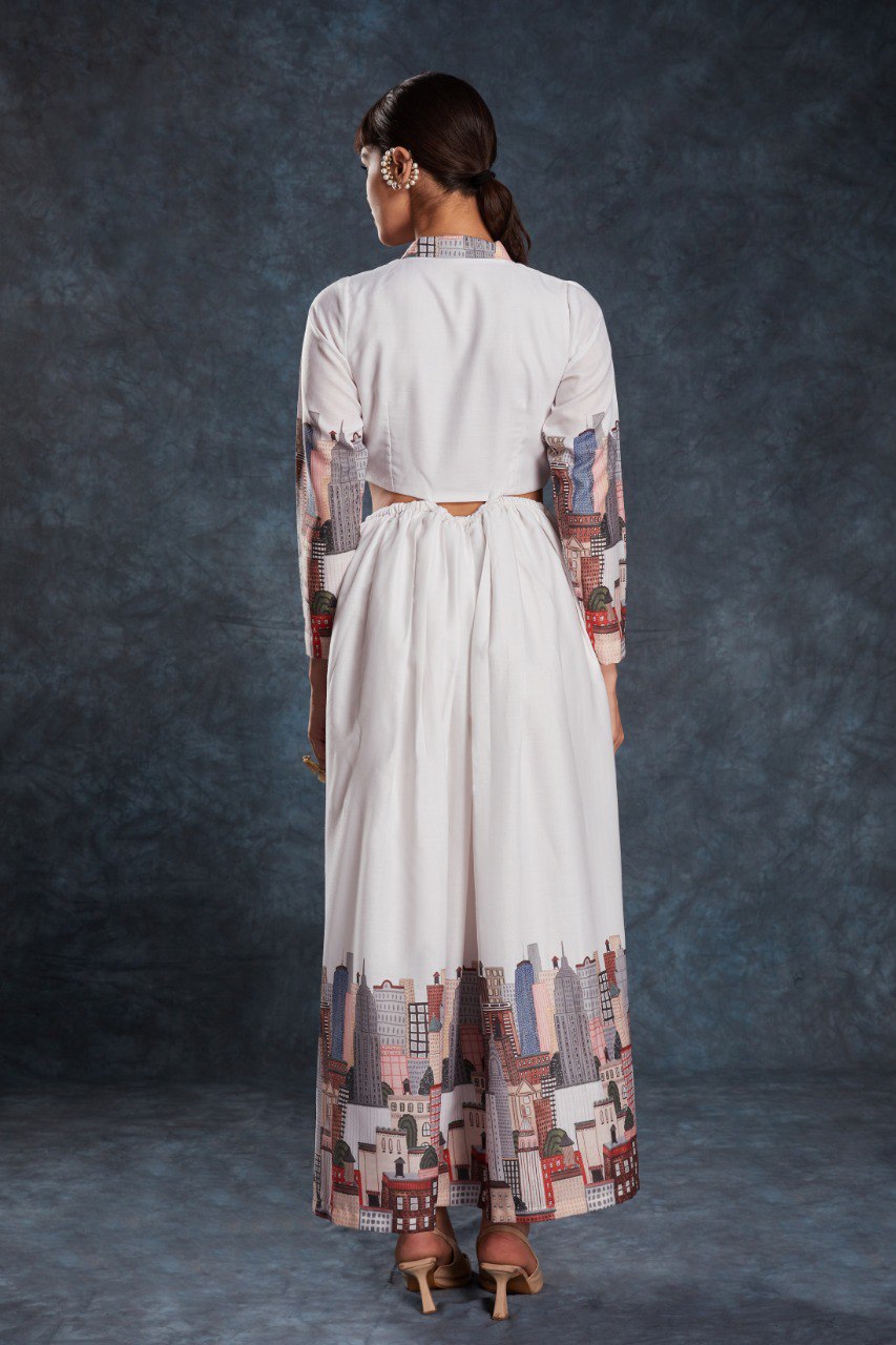 White Printed Linen Maxi Gown | RoopRivaaj