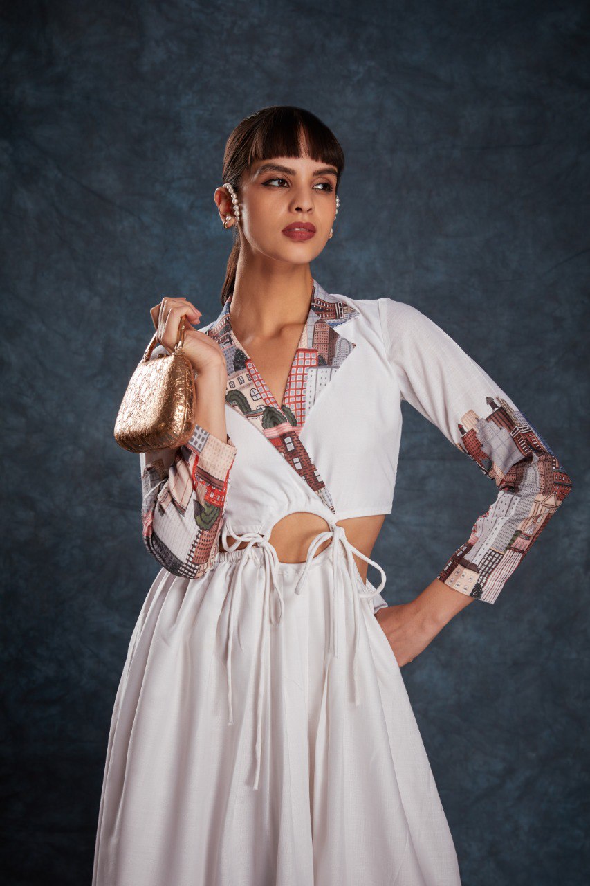 White Printed Linen Maxi Gown | RoopRivaaj