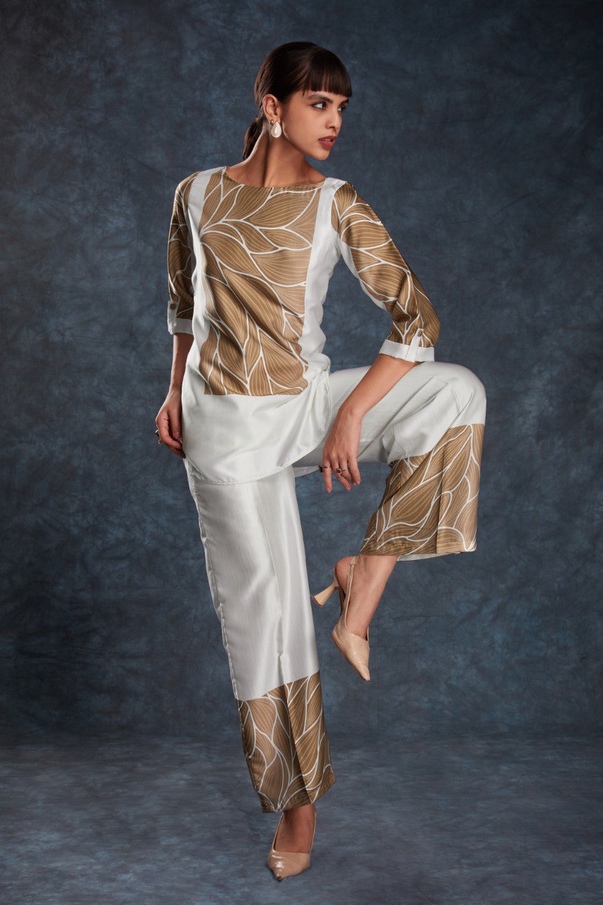White Printed Co-Ord Set in Linen Satin | RoopRivaaj