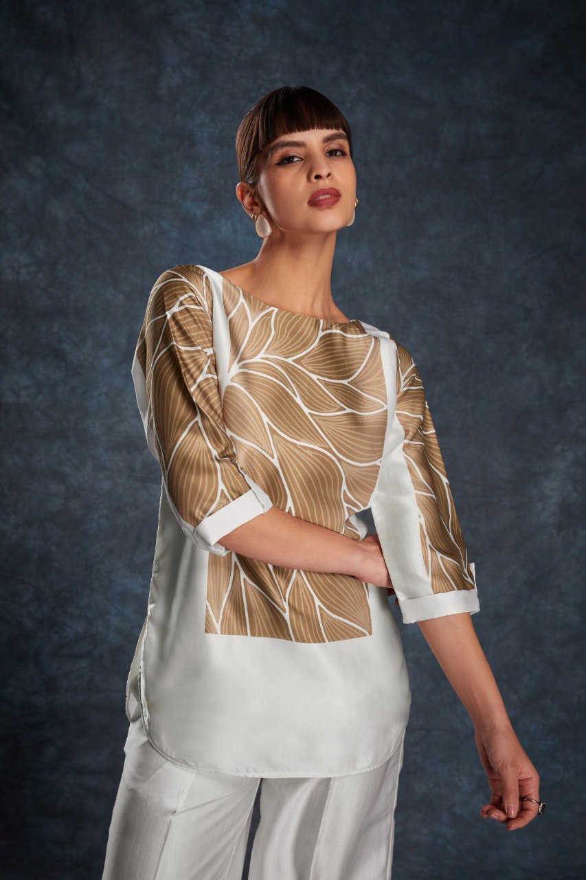 White Printed Co-Ord Set in Linen Satin | RoopRivaaj