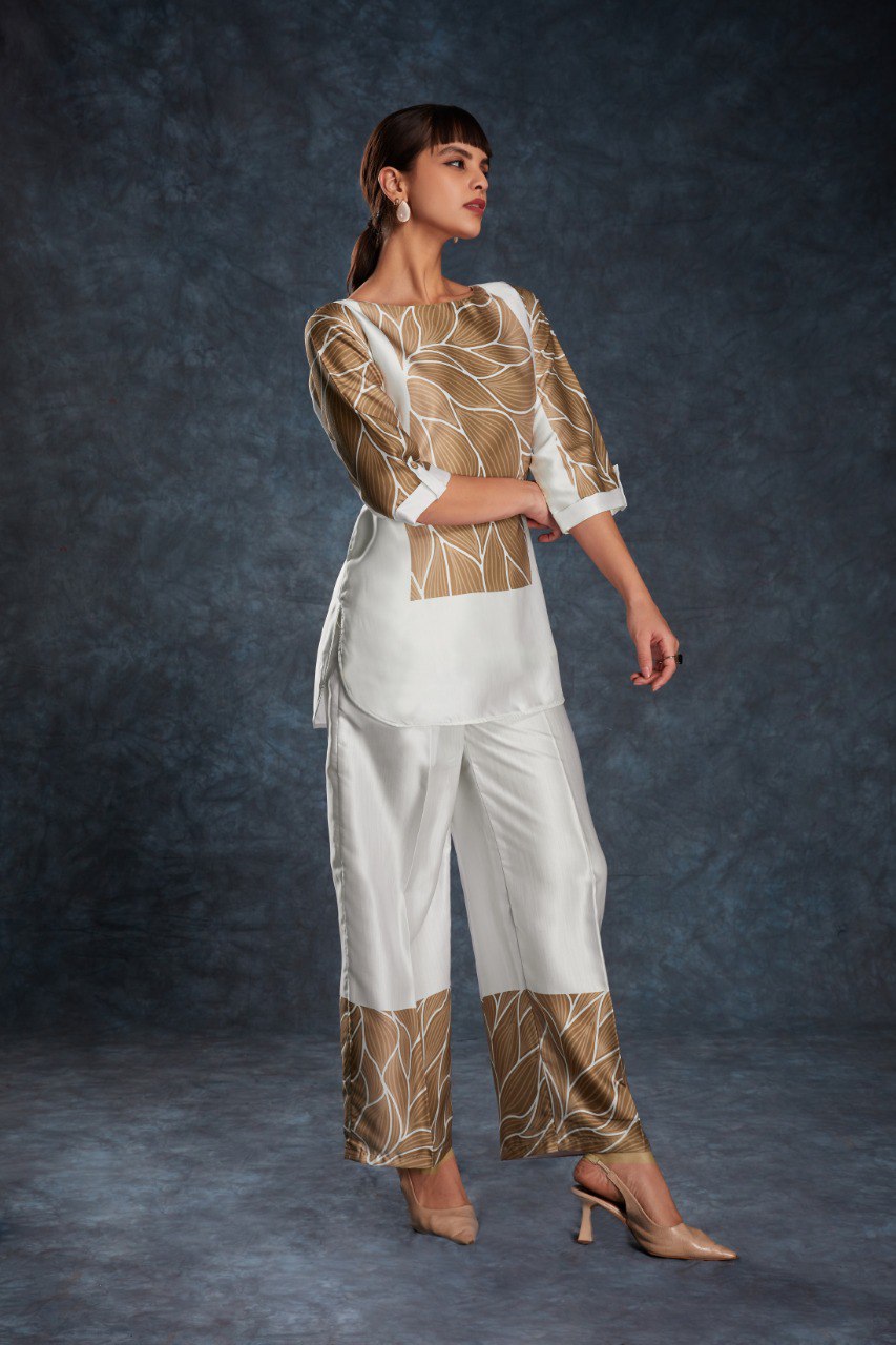 White Printed Co-Ord Set in Linen Satin | RoopRivaaj
