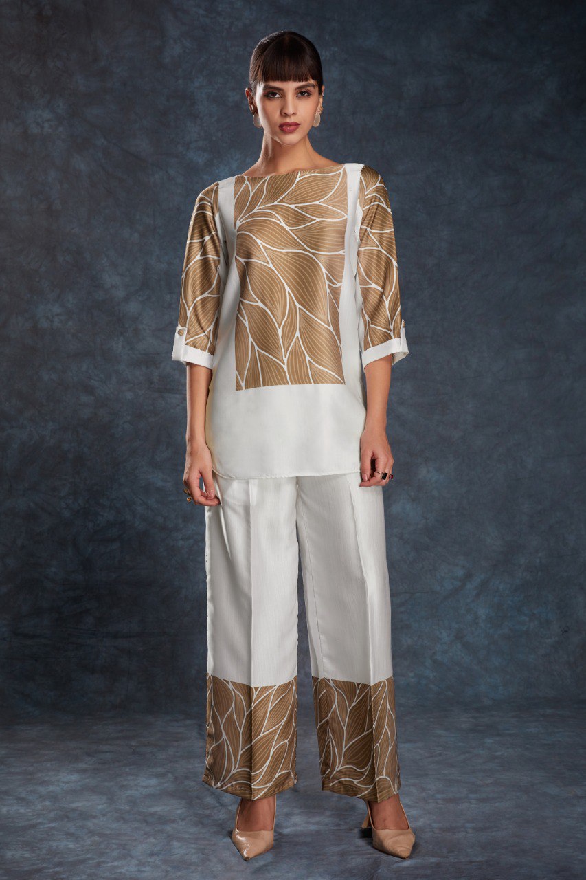 White Printed Co-Ord Set in Linen Satin | RoopRivaaj