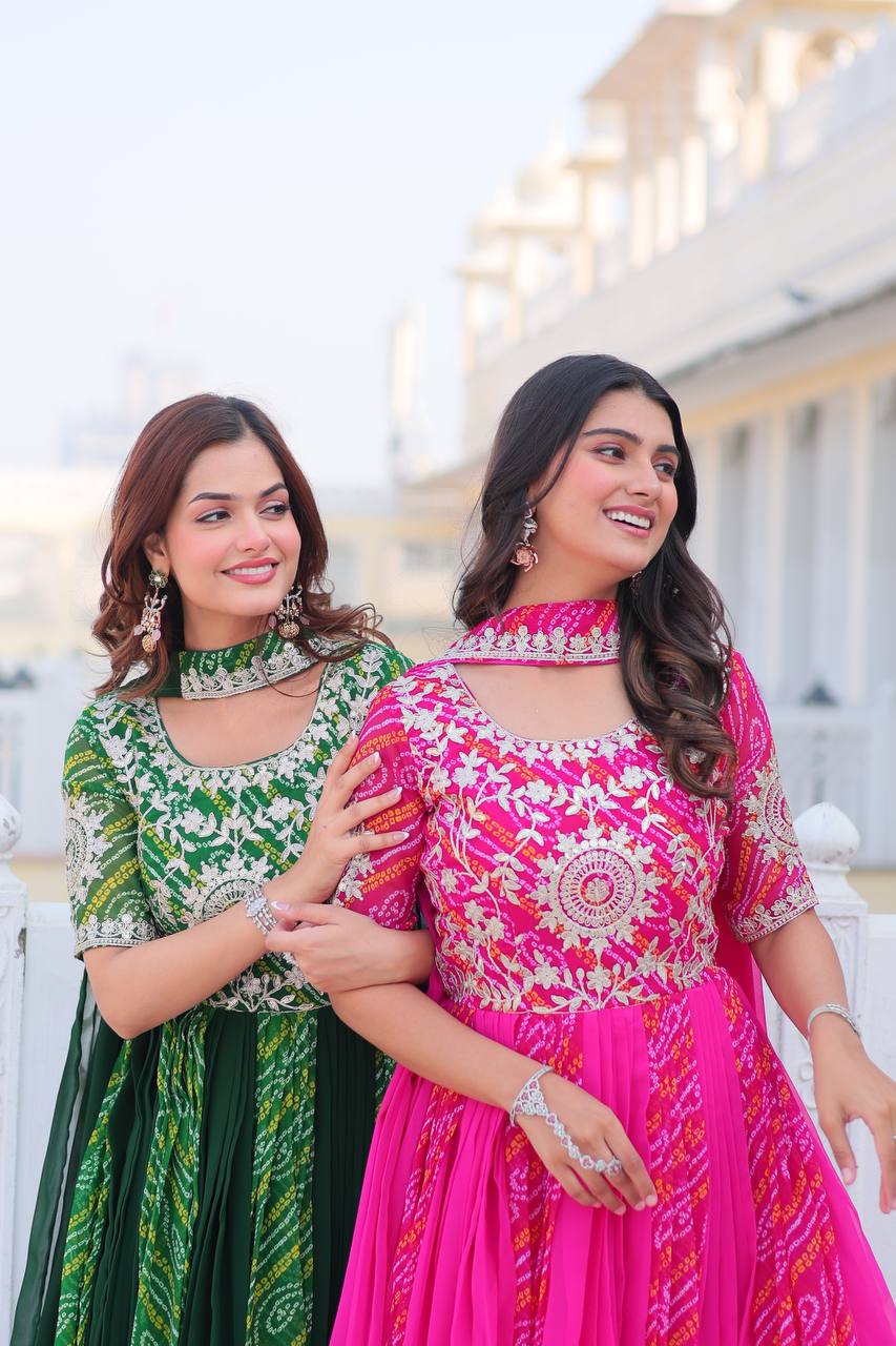 Traditional Bandhej Anarkali Gown with Dupatta in Sequence Embroidery | RoopRivaaj