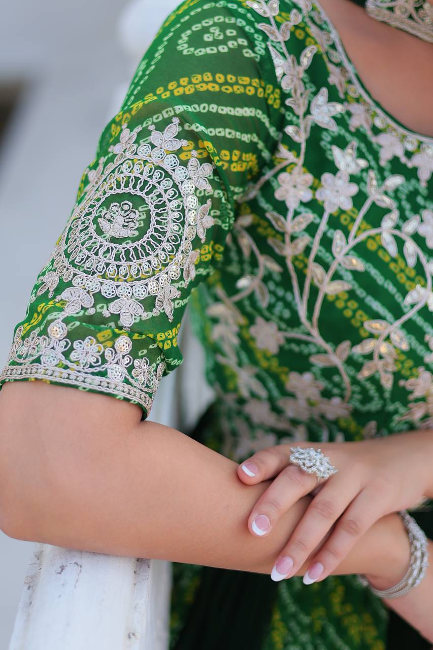 Traditional Bandhej Anarkali Gown with Dupatta in Sequence Embroidery | RoopRivaaj