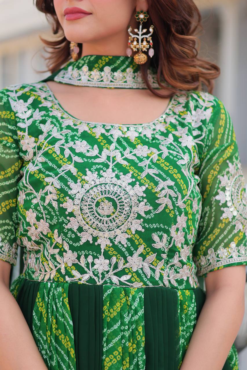 Traditional Bandhej Anarkali Gown with Dupatta in Sequence Embroidery | RoopRivaaj