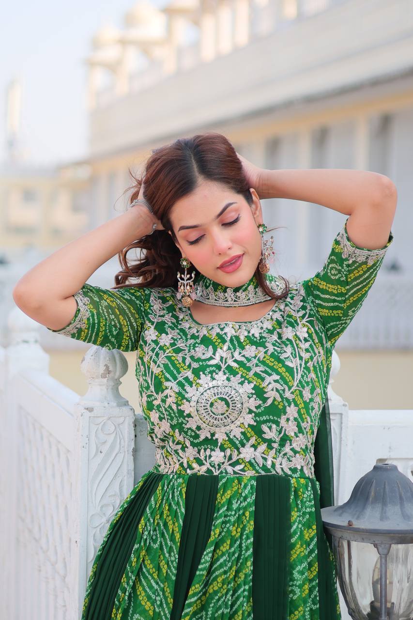 Traditional Bandhej Anarkali Gown with Dupatta in Sequence Embroidery | RoopRivaaj