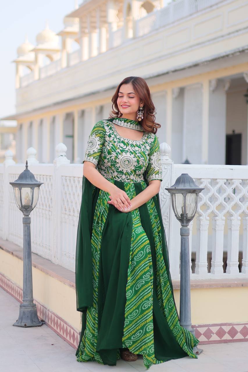 Traditional Bandhej Anarkali Gown with Dupatta in Sequence Embroidery | RoopRivaaj