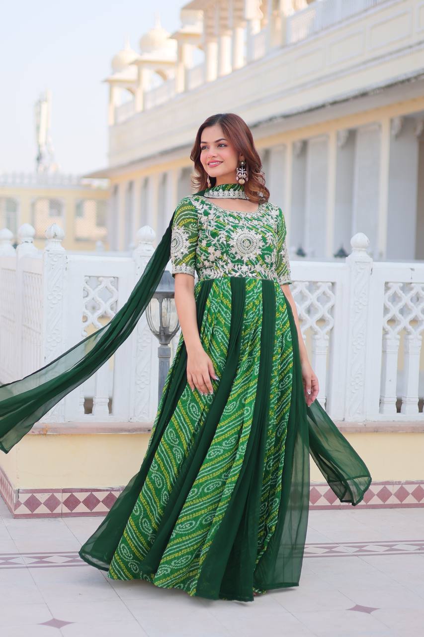 Traditional Bandhej Anarkali Gown with Dupatta in Sequence Embroidery | RoopRivaaj