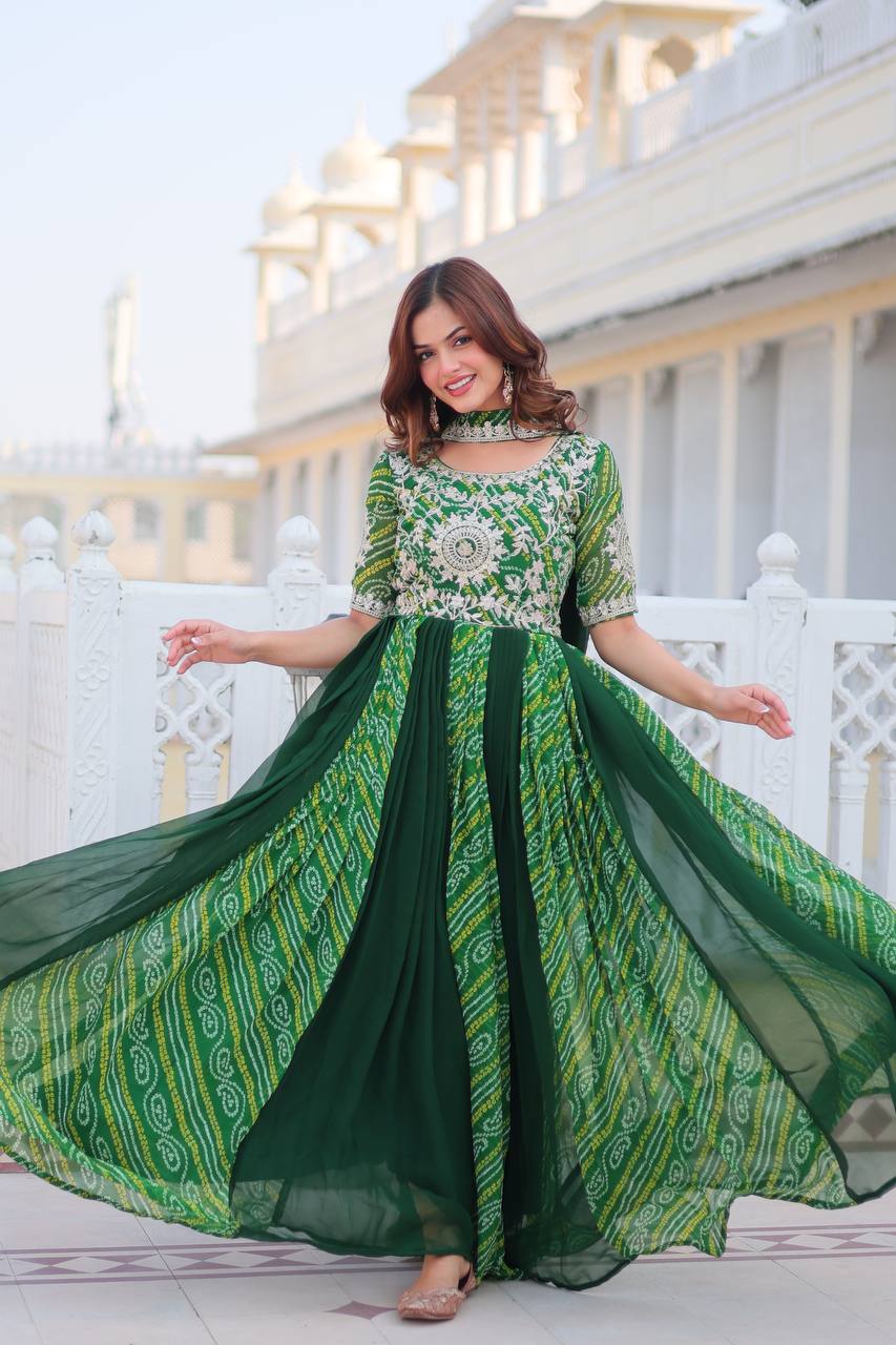 Traditional Bandhej Anarkali Gown with Dupatta in Sequence Embroidery | RoopRivaaj