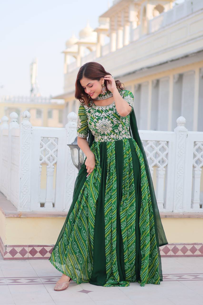 Traditional Bandhej Anarkali Gown with Dupatta in Sequence Embroidery | RoopRivaaj