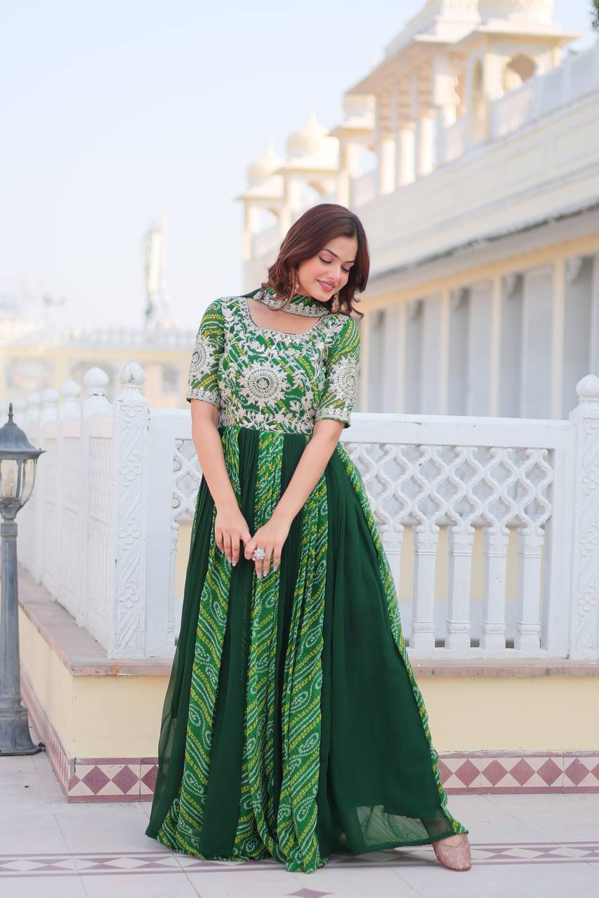 Traditional Bandhej Anarkali Gown with Dupatta in Sequence Embroidery | RoopRivaaj