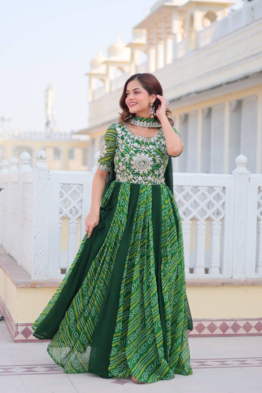 Traditional Bandhej Anarkali Gown with Dupatta in Sequence Embroidery | RoopRivaaj