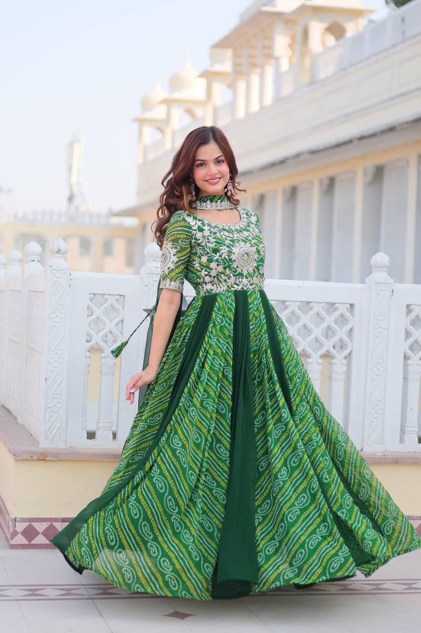 Traditional Bandhej Anarkali Gown with Dupatta in Sequence Embroidery | RoopRivaaj