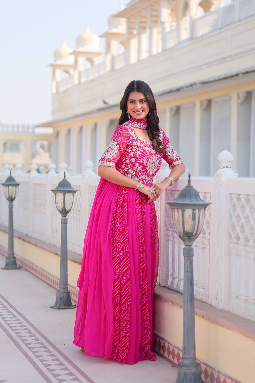 Traditional Bandhej Anarkali Gown with Dupatta in Sequence Embroidery | RoopRivaaj