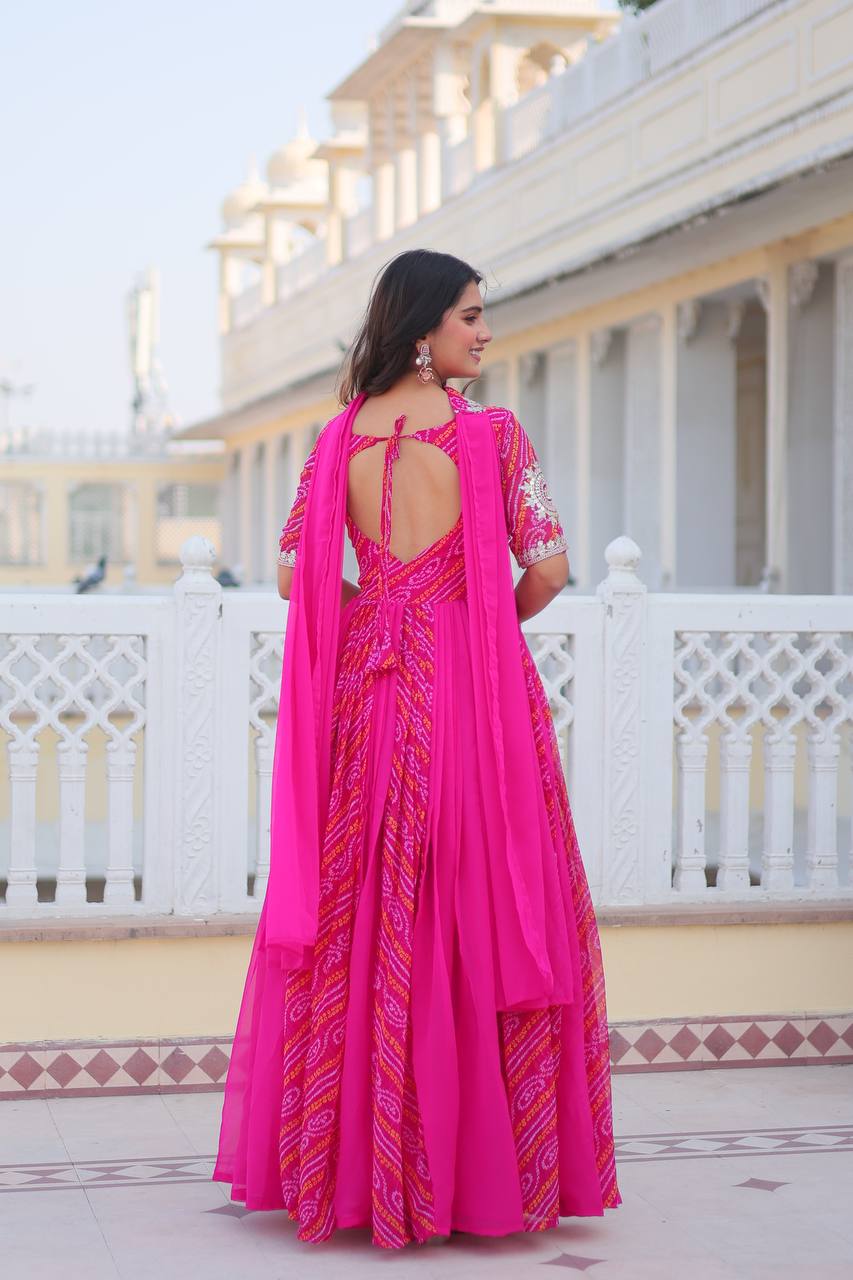 Traditional Bandhej Anarkali Gown with Dupatta in Sequence Embroidery | RoopRivaaj
