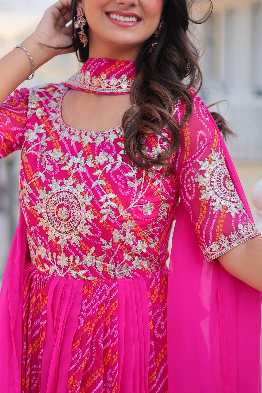Traditional Bandhej Anarkali Gown with Dupatta in Sequence Embroidery | RoopRivaaj