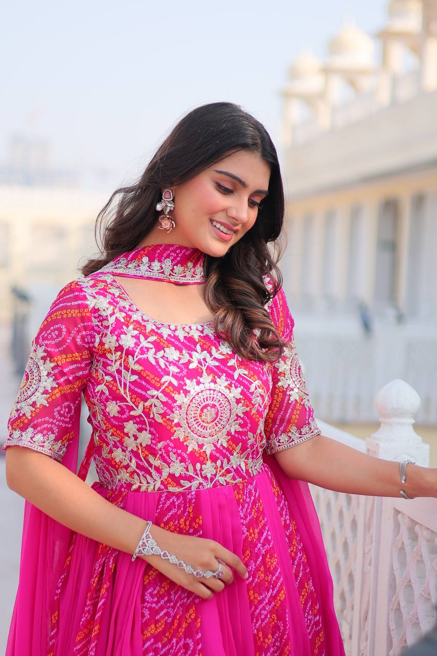 Traditional Bandhej Anarkali Gown with Dupatta in Sequence Embroidery | RoopRivaaj