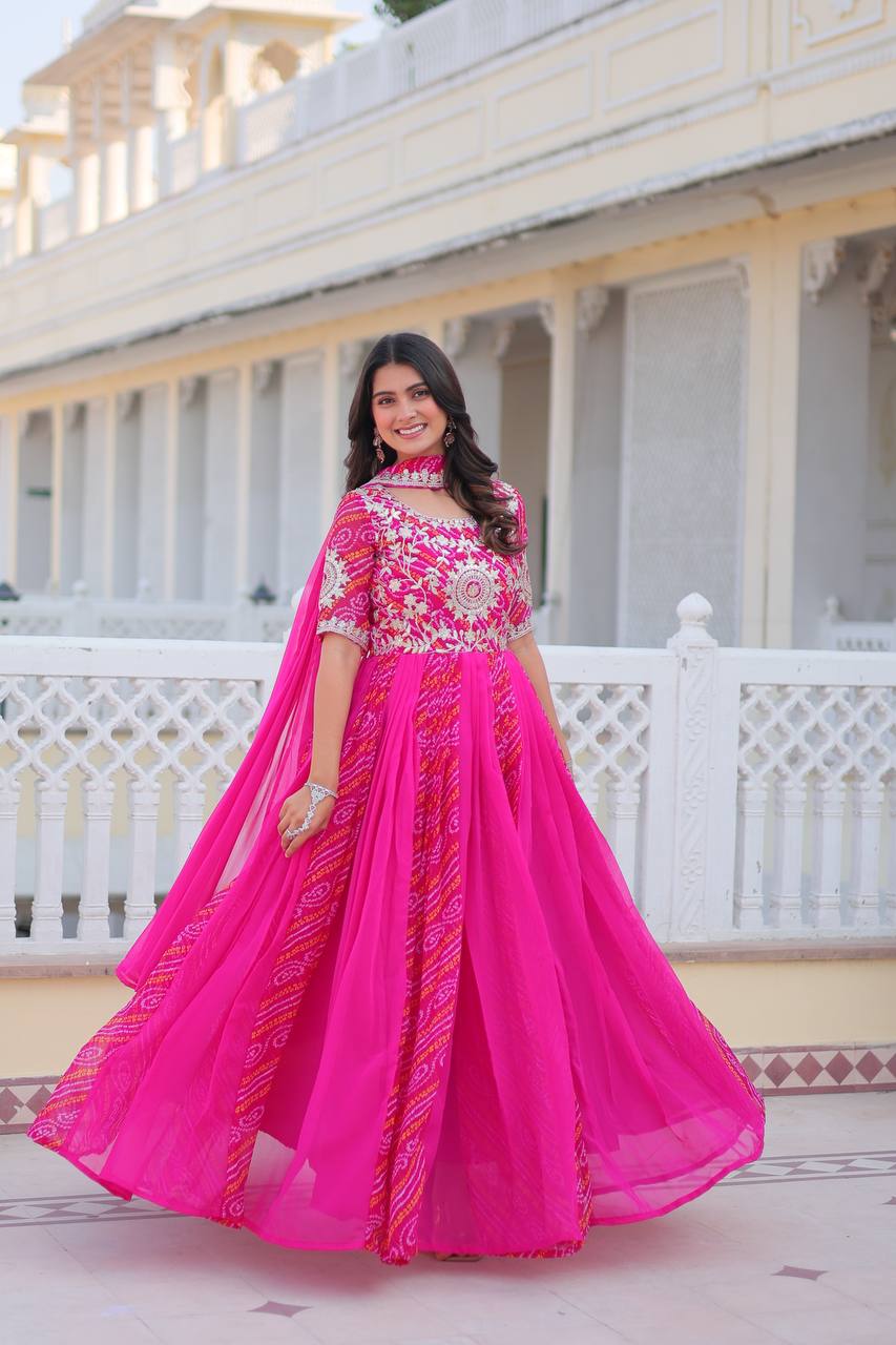 Traditional Bandhej Anarkali Gown with Dupatta in Sequence Embroidery | RoopRivaaj