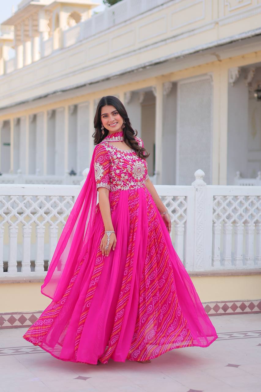 Traditional Bandhej Anarkali Gown with Dupatta in Sequence Embroidery | RoopRivaaj