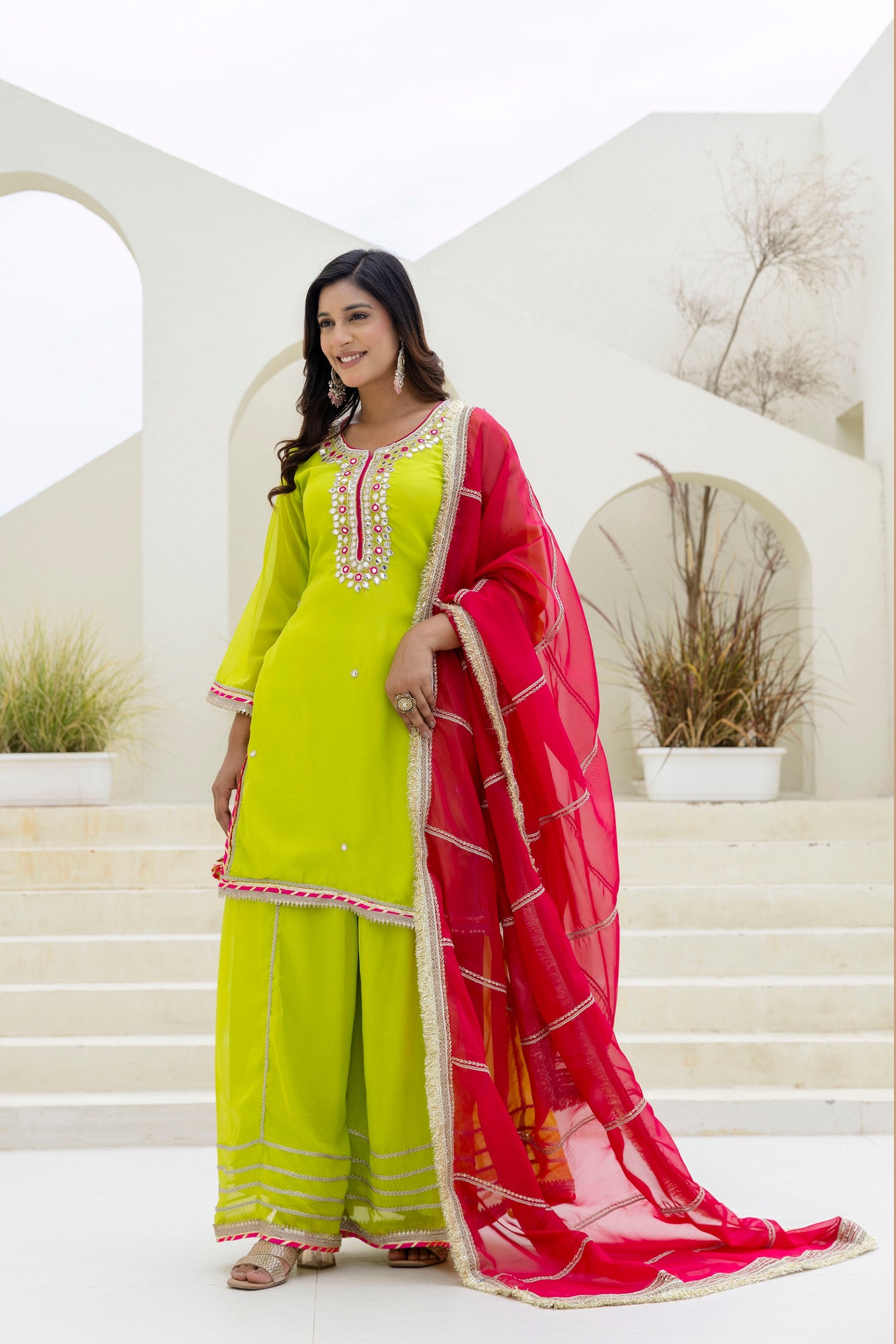 Foil Embroidered Organza Palazzo Set with Pearl & Sequins Detailing | RoopRivaaj
