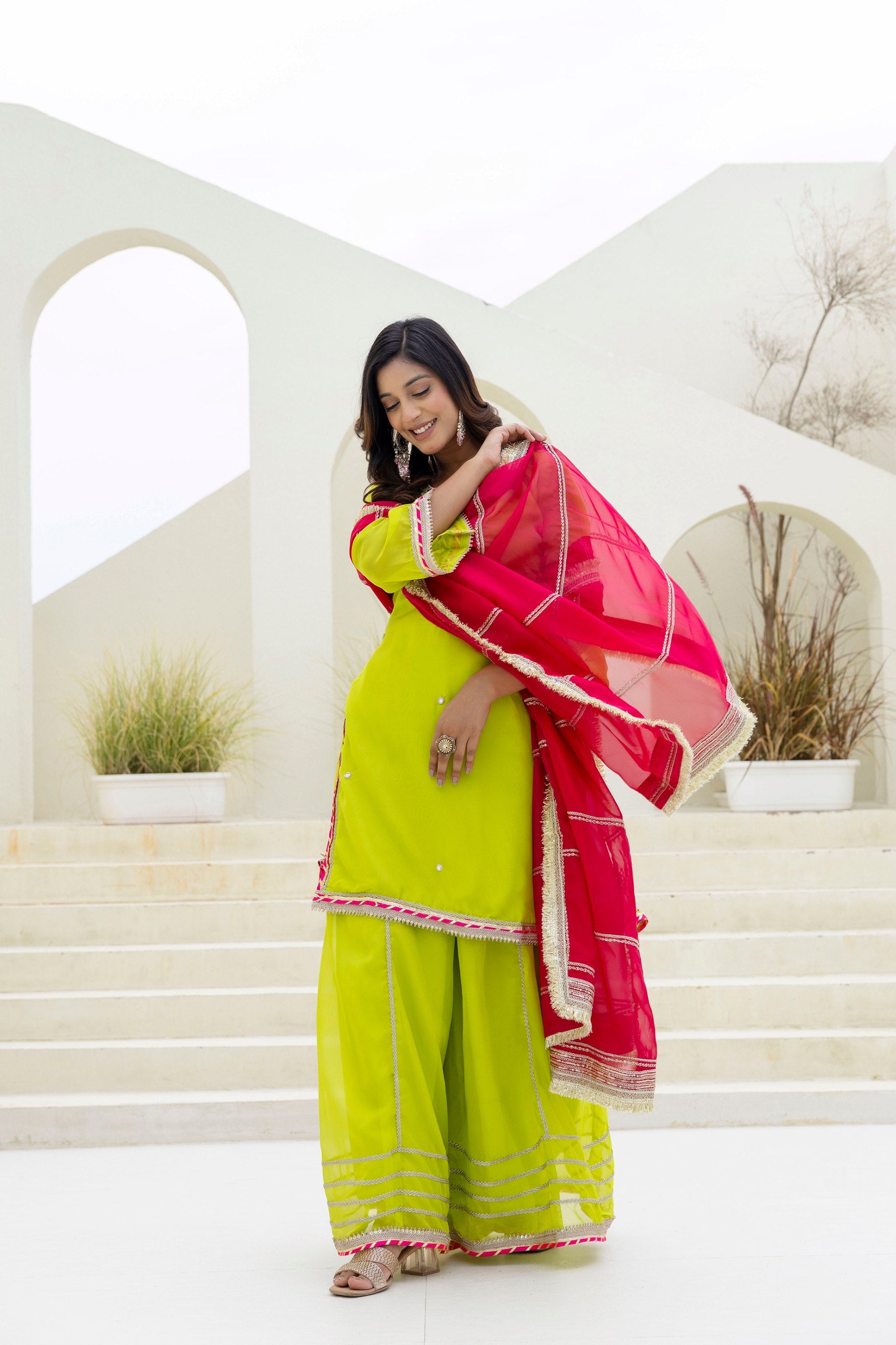 Foil Embroidered Organza Palazzo Set with Pearl & Sequins Detailing | RoopRivaaj