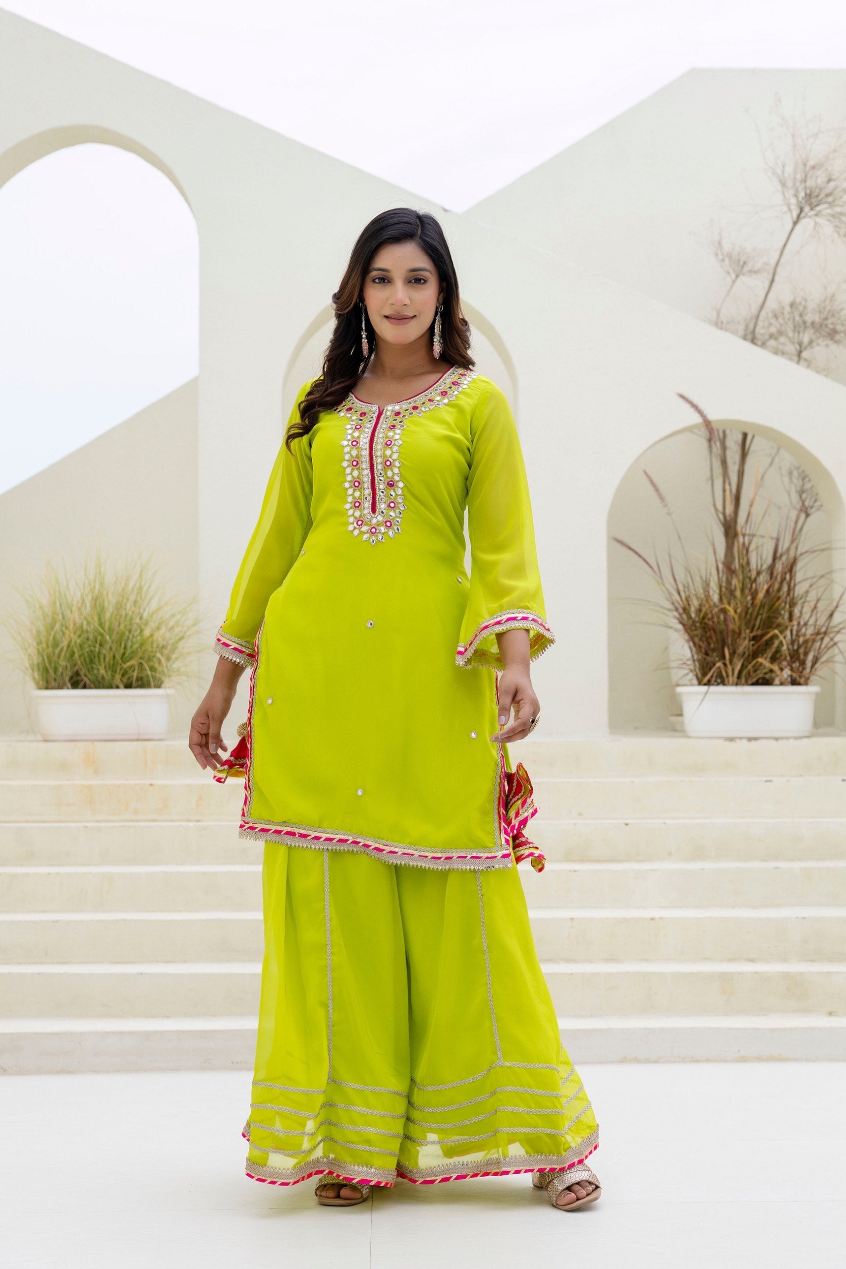 Foil Embroidered Organza Palazzo Set with Pearl & Sequins Detailing | RoopRivaaj
