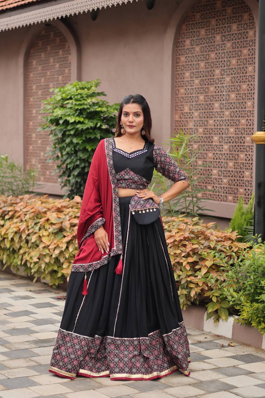 Navratri Special Gamthi Work Ajrakh Lehenga Choli | RoopRivaaj