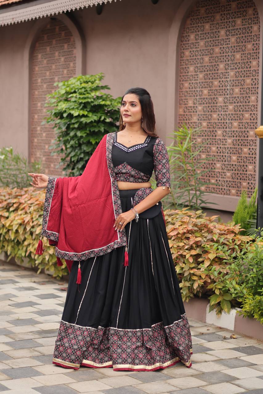 Navratri Special Gamthi Work Ajrakh Lehenga Choli | RoopRivaaj