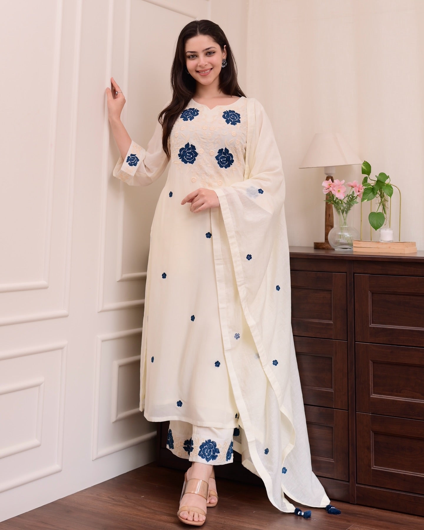 Viscose Embroidered Kurti Pant Dupatta Set | RoopRivaaj