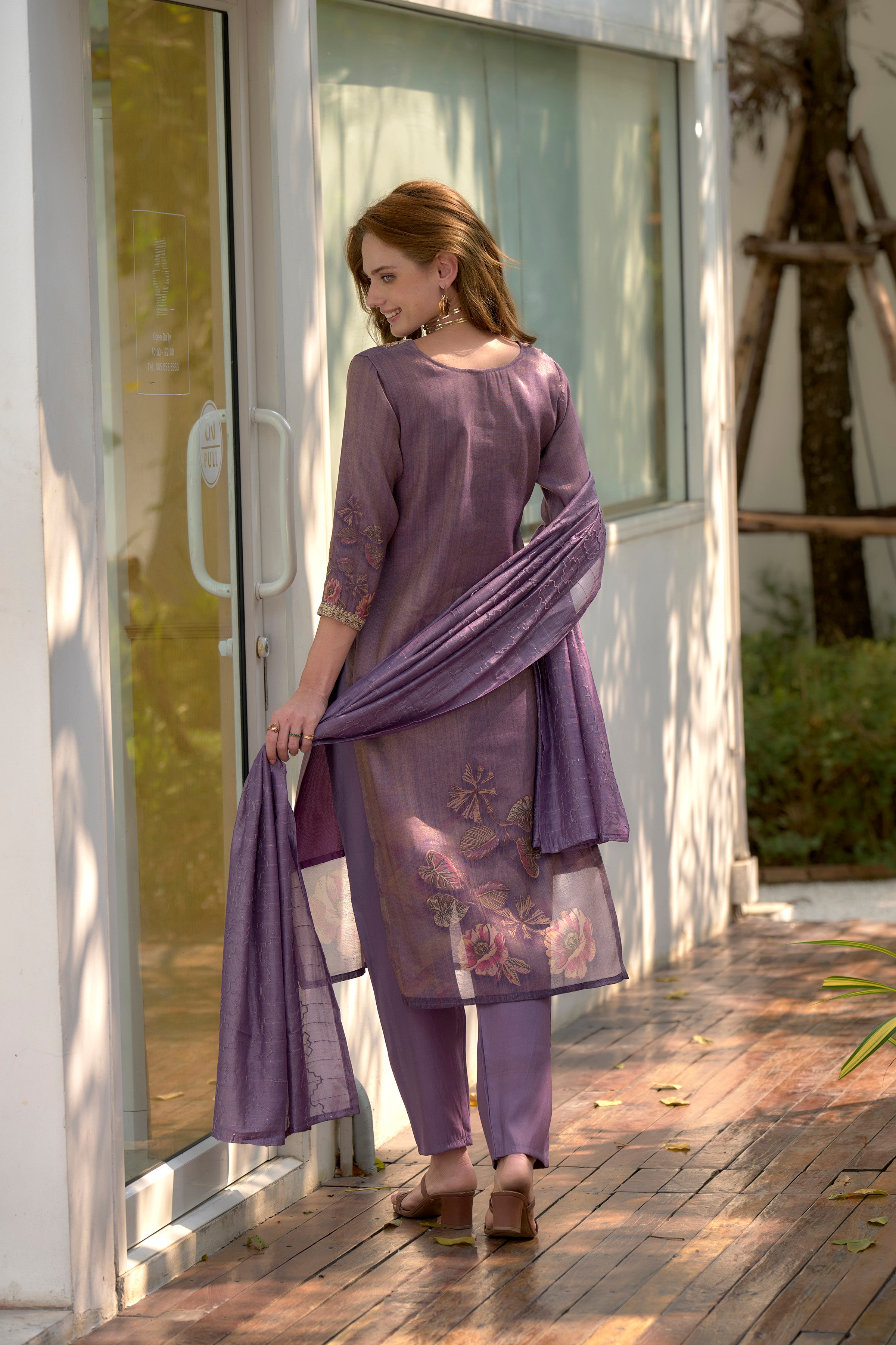 Floral Tissue Straight Kurti Pant Dupatta Set | RoopRivaaj