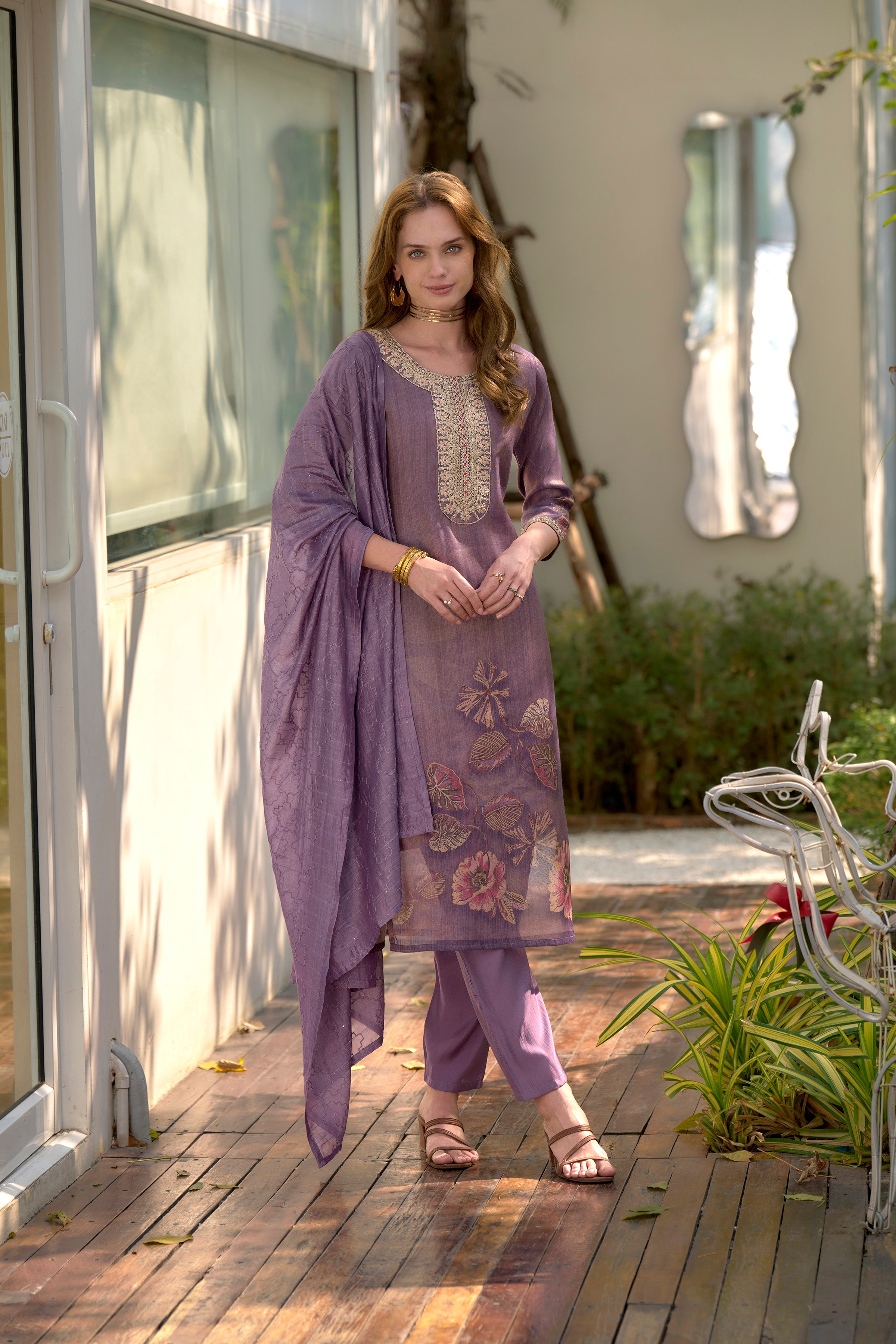 Floral Tissue Straight Kurti Pant Dupatta Set | RoopRivaaj
