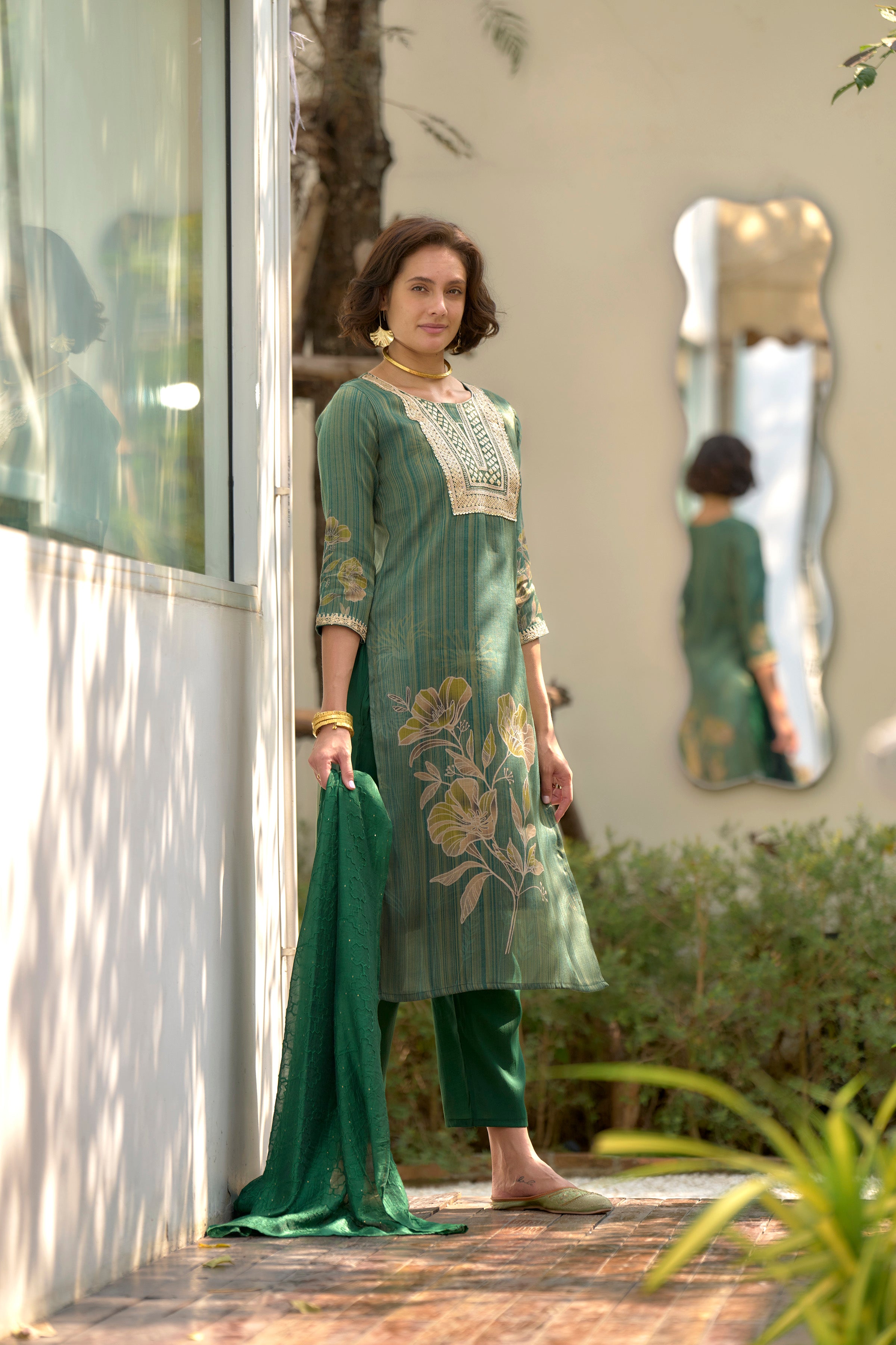 Tissue Floral Embroidered Kurti Pant Dupatta Set | RoopRivaaj