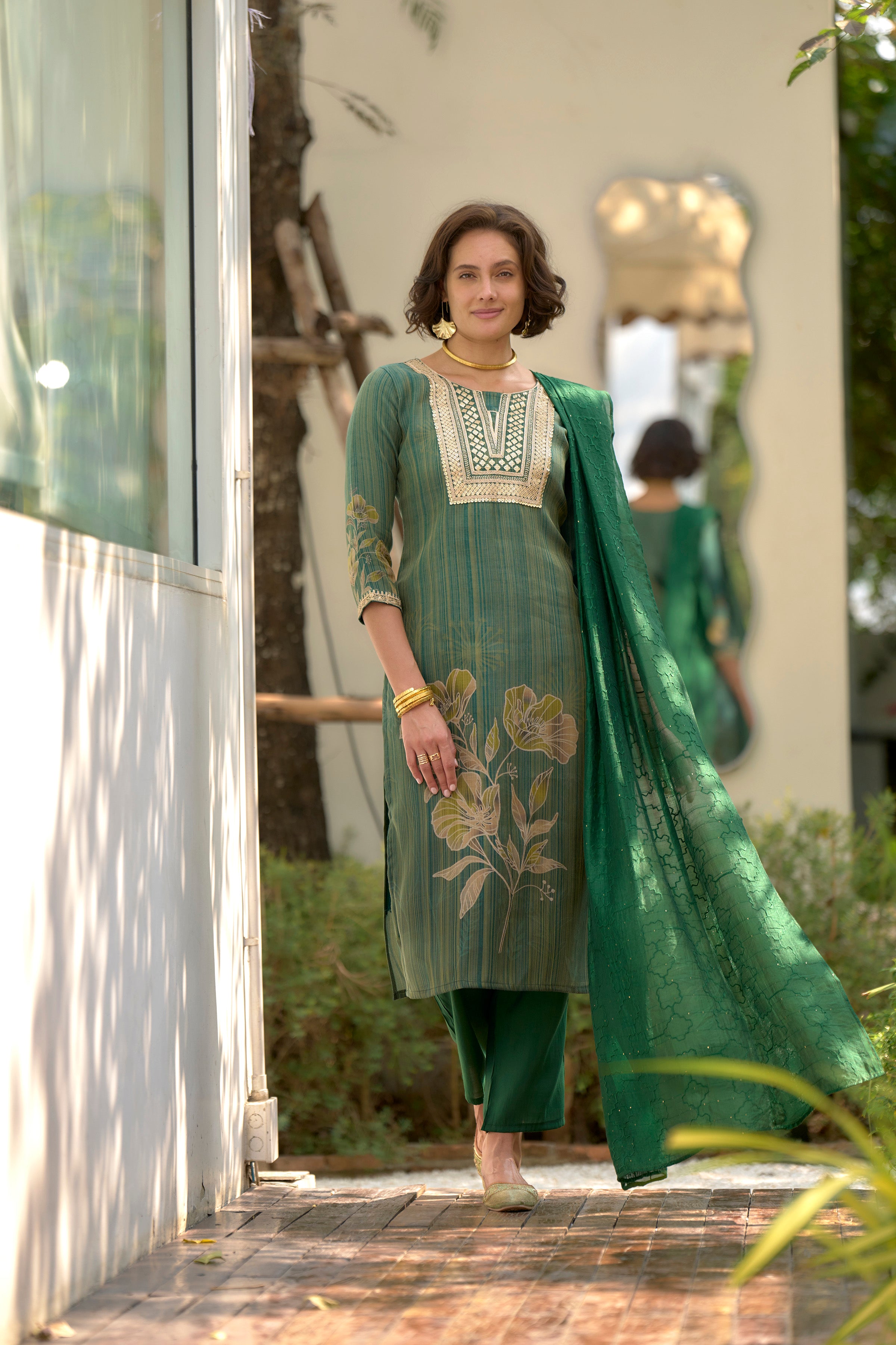 Tissue Floral Embroidered Kurti Pant Dupatta Set | RoopRivaaj