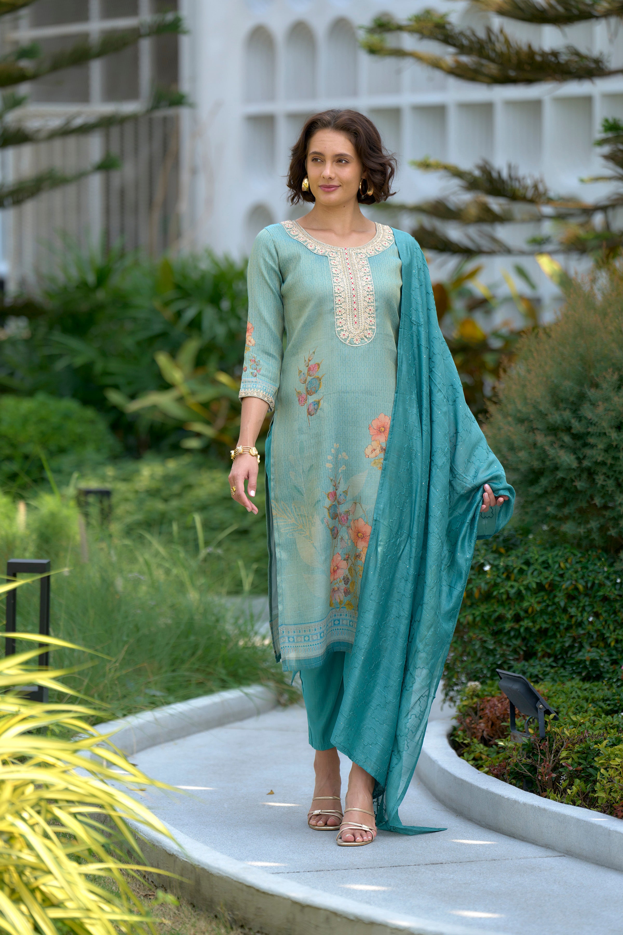 Sea-Green Floral Tissue Kurti Pant Dupatta Set | RoopRivaaj