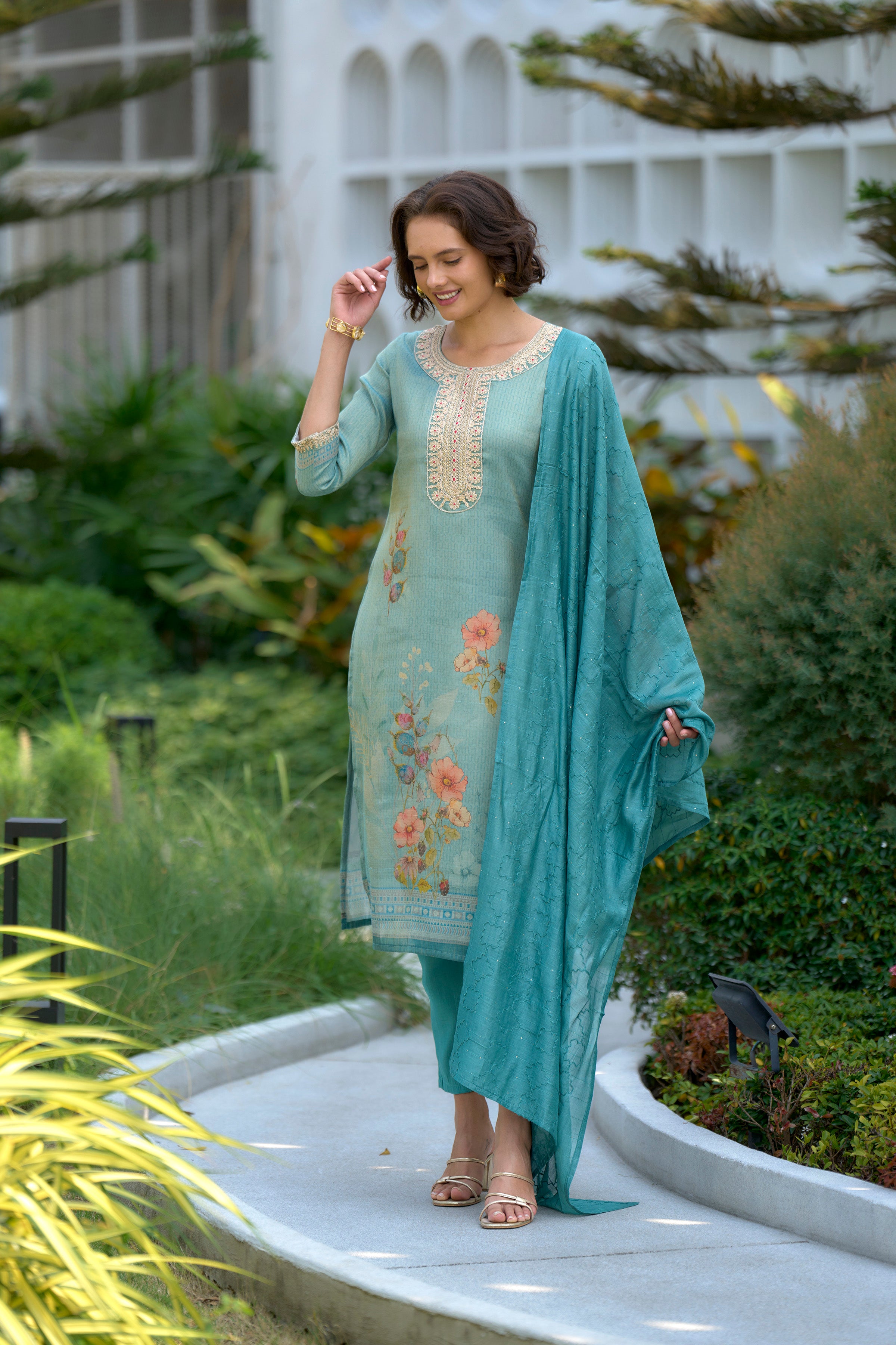 Sea-Green Floral Tissue Kurti Pant Dupatta Set | RoopRivaaj