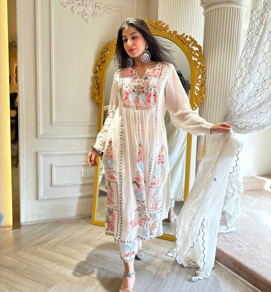 Designer Partywear Embroidered Top Plazzo Set with Cutwork Dupatta | RoopRivaaj