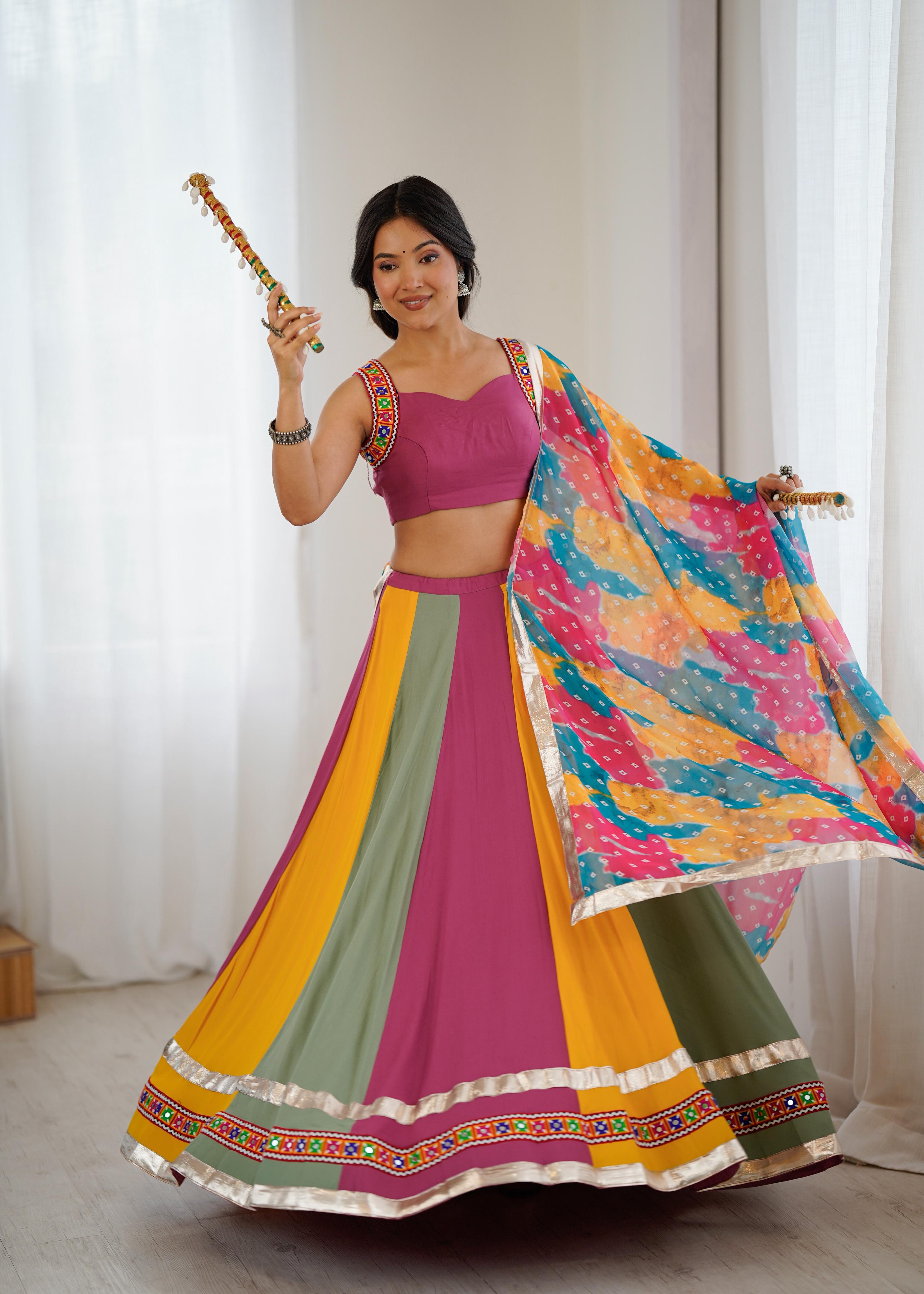 Gamthi Mirror Work Rayon Navratri Lehenga Choli Set with Printed Dupatta | RoopRivaaj