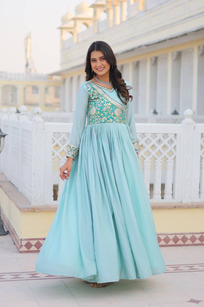 Bandhej Anarkali Long Gown with Attached Jacket and Hand Purse | RoopRivaaj