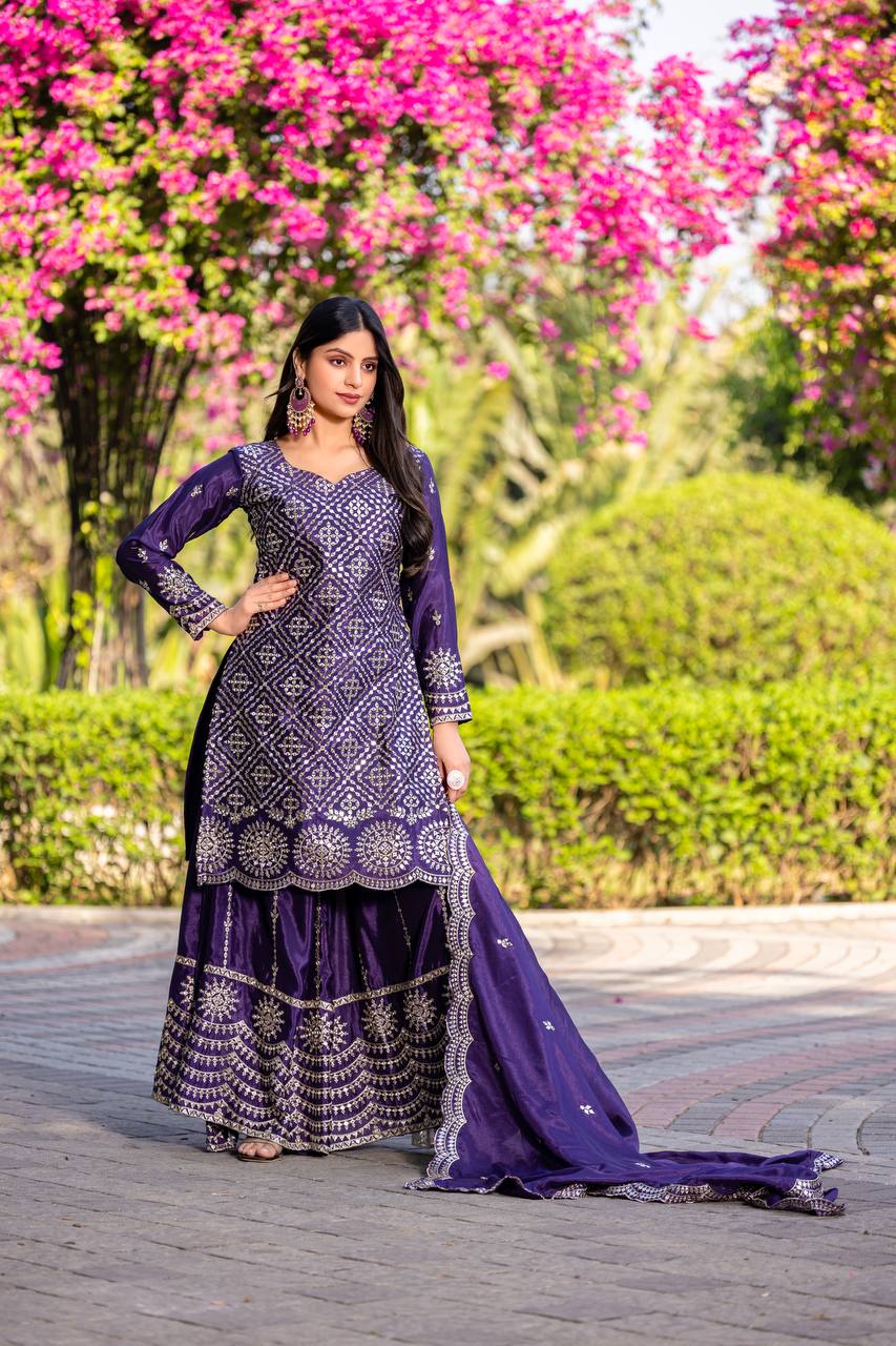Designer Chinon Kurti Plazzo Set with Embroidered Dupatta | RoopRivaaj